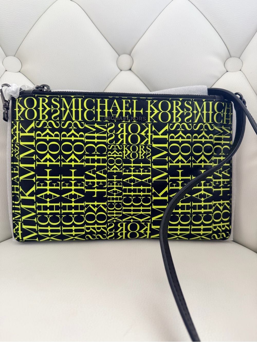 Michael Kors Black Crossbody with Neon Yellow Logo Print